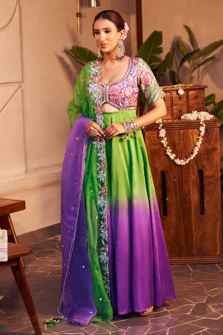 Swish By Dolcy And Simran Purple Chanderi Embroidered Thread Nandini Floral Cut-out Anarkali With Dupatta 