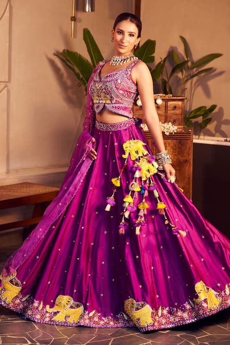 Swish By Dolcy And Simran Purple Chanderi Embroidered Thread Aishwarya Elephant Patchwork Lehenga Set 