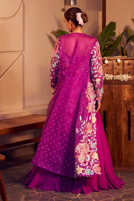 Shop Swish By Dolcy And Simran Purple Organza, Georgette, Linen Sequins, Radha Lehenga Set With Floral Jacket at Aza Fashions Shop_Swish By Dolcy And Simran_Purple Organza, Georgette, Linen Sequins, Radha Lehenga Set With Floral Jacket _at_Aza_Fashions