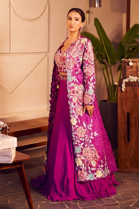 Swish By Dolcy And Simran Purple Organza, Georgette, Linen Sequins, Radha Lehenga Set With Floral Jacket Online at Aza Fashions Swish By Dolcy And Simran_Purple Organza, Georgette, Linen Sequins, Radha Lehenga Set With Floral Jacket _Online_at_Aza_Fashions