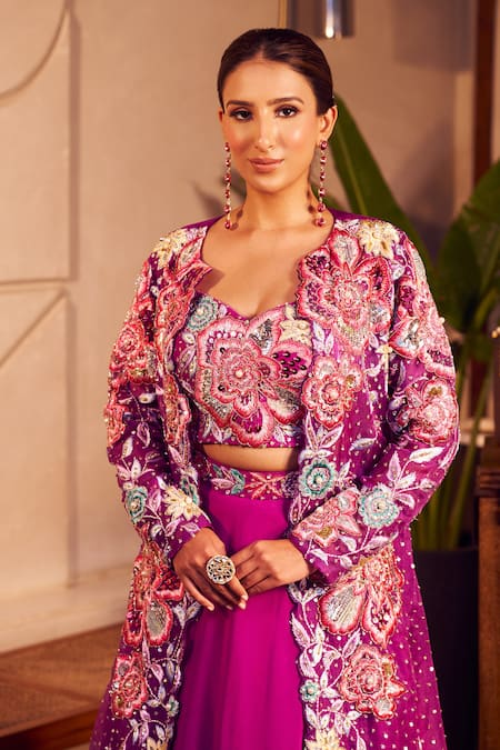 Buy Swish By Dolcy And Simran Purple Organza, Georgette, Linen Sequins, Radha Lehenga Set With Floral Jacket Online at Aza Fashions Buy_Swish By Dolcy And Simran_Purple Organza, Georgette, Linen Sequins, Radha Lehenga Set With Floral Jacket _Online_at_Aza_Fashions