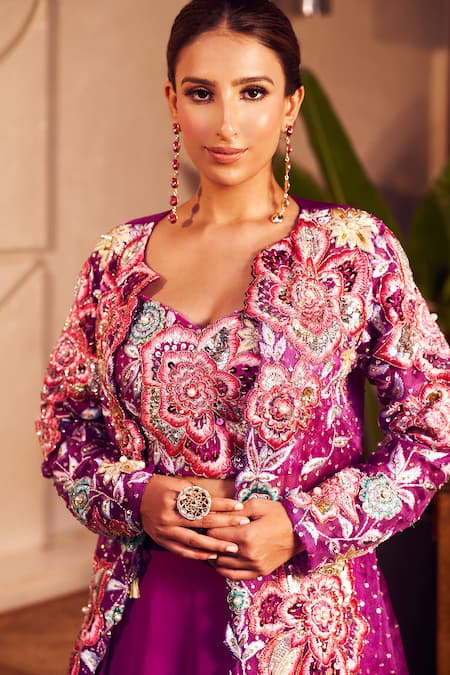Swish By Dolcy And Simran Purple Organza, Georgette, Linen Sequins, Radha Lehenga Set With Floral Jacket at Aza Fashions Swish By Dolcy And Simran_Purple Organza, Georgette, Linen Sequins, Radha Lehenga Set With Floral Jacket _at_Aza_Fashions