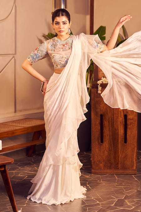 Swish By Dolcy And Simran Ivory Crepe Embellished Sequin Meera Solid Pre-draped Ruffle Saree With Blouse 