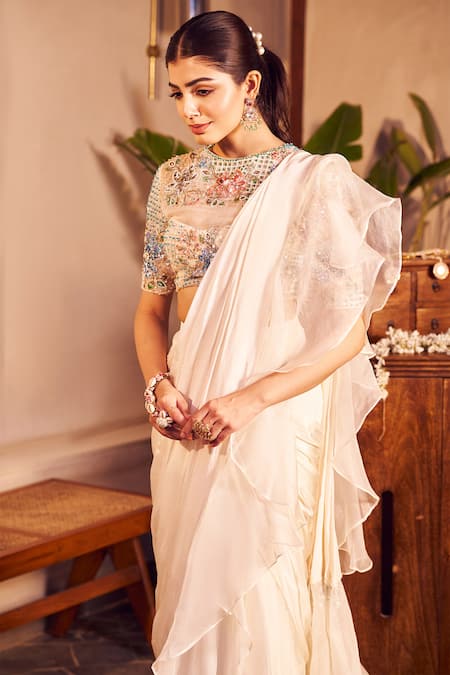 Swish By Dolcy And Simran_Ivory Organza, Meera Solid Pre-draped Ruffle Saree With Embellished Blouse_Online_at_Aza_Fashions