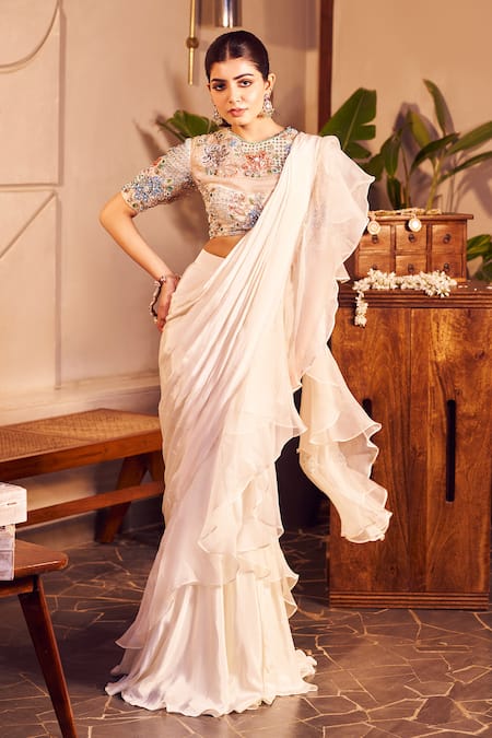 Buy_Swish By Dolcy And Simran_Ivory Organza, Meera Solid Pre-draped Ruffle Saree With Embellished Blouse_Online_at_Aza_Fashions