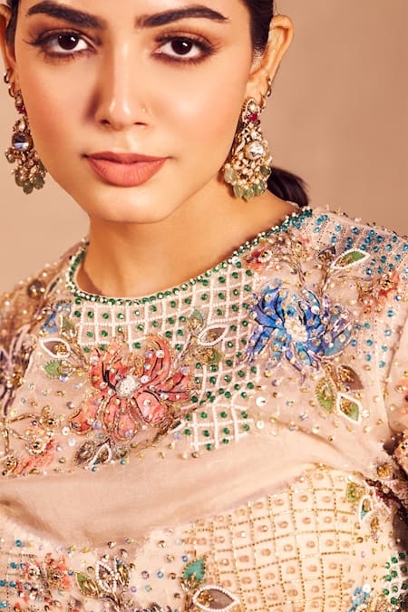 Shop_Swish By Dolcy And Simran_Ivory Organza, Meera Solid Pre-draped Ruffle Saree With Embellished Blouse_Online_at_Aza_Fashions