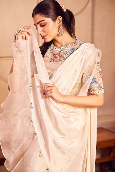 Swish By Dolcy And Simran_Ivory Organza, Meera Solid Pre-draped Ruffle Saree With Embellished Blouse_at_Aza_Fashions