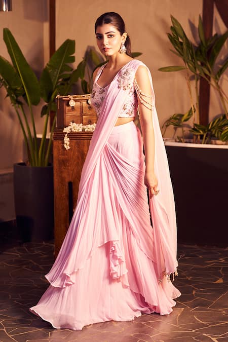 Swish By Dolcy And Simran Pink Crepe Embellished Sequin Mahi Layered Pre-draped Saree With Blouse  6