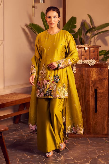 Shop Swish By Dolcy And Simran Green Chanderi, Kota Doria Sequins, Beads, Priya Nature Kurta Flared Pant Set at Aza Fashions Shop_Swish By Dolcy And Simran_Green Chanderi, Kota Doria Sequins, Beads, Priya Nature Kurta Flared Pant Set _at_Aza_Fashions
