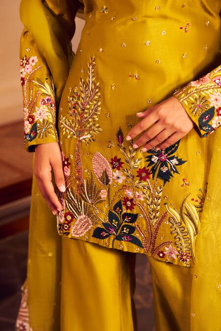 Buy Swish By Dolcy And Simran Green Chanderi, Kota Doria Sequins, Beads, Priya Nature Kurta Flared Pant Set Online at Aza Fashions Buy_Swish By Dolcy And Simran_Green Chanderi, Kota Doria Sequins, Beads, Priya Nature Kurta Flared Pant Set _Online_at_Aza_Fashions