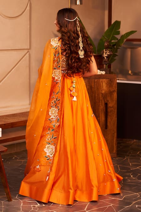 Shop Swish By Dolcy And Simran Orange Chanderi, Kota Doria Shabnam Floral Embroidered Kalidar Lehenga Set at Aza Fashions Shop_Swish By Dolcy And Simran_Orange Chanderi, Kota Doria Shabnam Floral Embroidered Kalidar Lehenga Set _at_Aza_Fashions