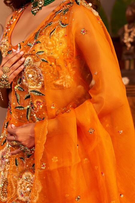 Swish By Dolcy And Simran Orange Chanderi, Kota Doria Shabnam Floral Embroidered Kalidar Lehenga Set Online at Aza Fashions Swish By Dolcy And Simran_Orange Chanderi, Kota Doria Shabnam Floral Embroidered Kalidar Lehenga Set _Online_at_Aza_Fashions