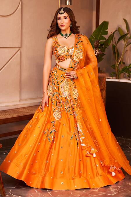 Buy Swish By Dolcy And Simran Orange Chanderi, Kota Doria Shabnam Floral Embroidered Kalidar Lehenga Set Online at Aza Fashions Buy_Swish By Dolcy And Simran_Orange Chanderi, Kota Doria Shabnam Floral Embroidered Kalidar Lehenga Set _Online_at_Aza_Fashions