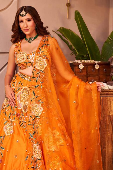 Shop Swish By Dolcy And Simran Orange Chanderi, Kota Doria Shabnam Floral Embroidered Kalidar Lehenga Set Online at Aza Fashions Shop_Swish By Dolcy And Simran_Orange Chanderi, Kota Doria Shabnam Floral Embroidered Kalidar Lehenga Set _Online_at_Aza_Fashions