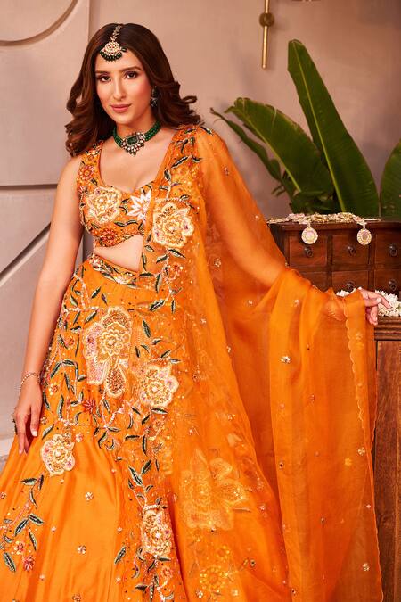 Swish By Dolcy And Simran Orange Chanderi, Kota Doria Shabnam Floral Embroidered Kalidar Lehenga Set at Aza Fashions Swish By Dolcy And Simran_Orange Chanderi, Kota Doria Shabnam Floral Embroidered Kalidar Lehenga Set _at_Aza_Fashions