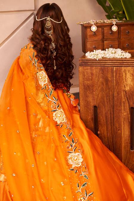 Buy Swish By Dolcy And Simran Orange Chanderi, Kota Doria Shabnam Floral Embroidered Kalidar Lehenga Set Buy_Swish By Dolcy And Simran_Orange Chanderi, Kota Doria Shabnam Floral Embroidered Kalidar Lehenga Set