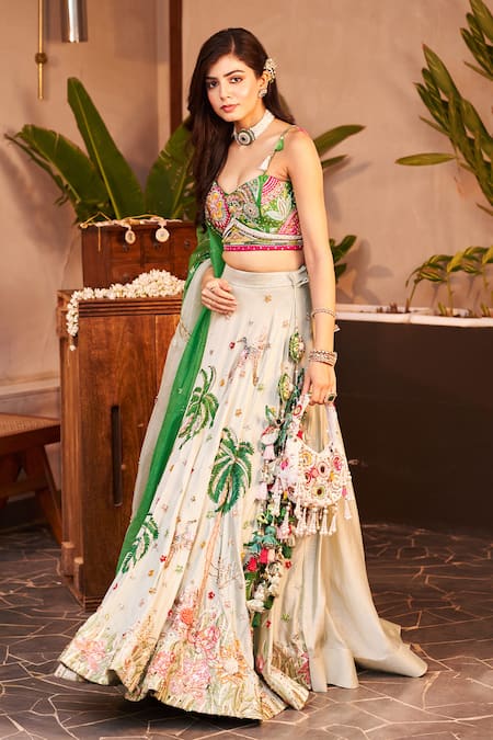Shop Swish By Dolcy And Simran Green Chanderi, Kota Doria Mumtaaz Floral And Fauna Embroidered Lehenga Set at Aza Fashions Shop_Swish By Dolcy And Simran_Green Chanderi, Kota Doria Mumtaaz Floral And Fauna Embroidered Lehenga Set _at_Aza_Fashions