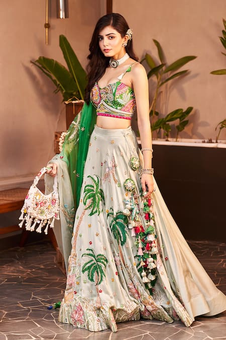 Buy Swish By Dolcy And Simran Green Chanderi, Kota Doria Mumtaaz Floral And Fauna Embroidered Lehenga Set Online at Aza Fashions Buy_Swish By Dolcy And Simran_Green Chanderi, Kota Doria Mumtaaz Floral And Fauna Embroidered Lehenga Set _Online_at_Aza_Fashions
