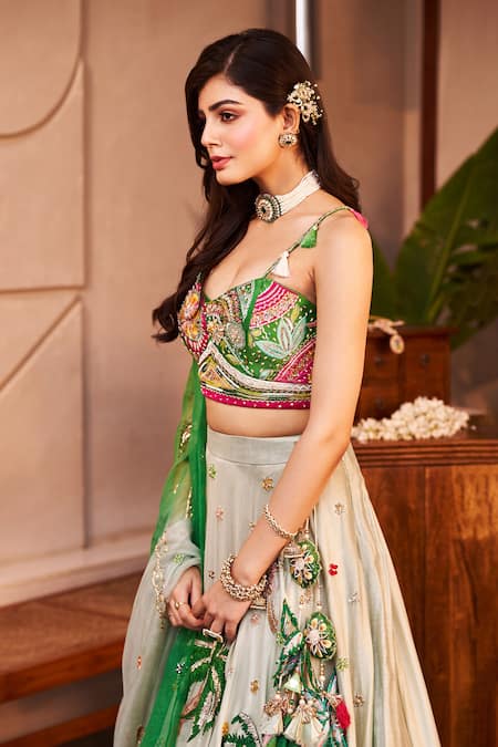 Shop Swish By Dolcy And Simran Green Chanderi, Kota Doria Mumtaaz Floral And Fauna Embroidered Lehenga Set Online at Aza Fashions Shop_Swish By Dolcy And Simran_Green Chanderi, Kota Doria Mumtaaz Floral And Fauna Embroidered Lehenga Set _Online_at_Aza_Fashions