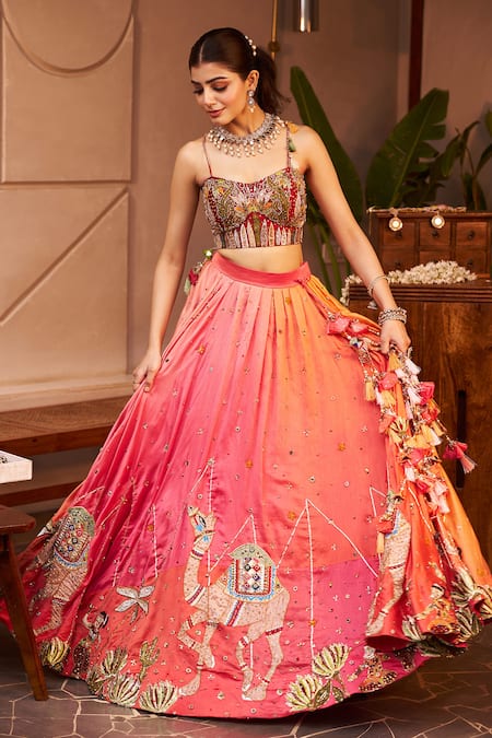 Swish By Dolcy And Simran Pink Chanderi Madhubala At Sunset Embroidered Lehenga With Bustier 