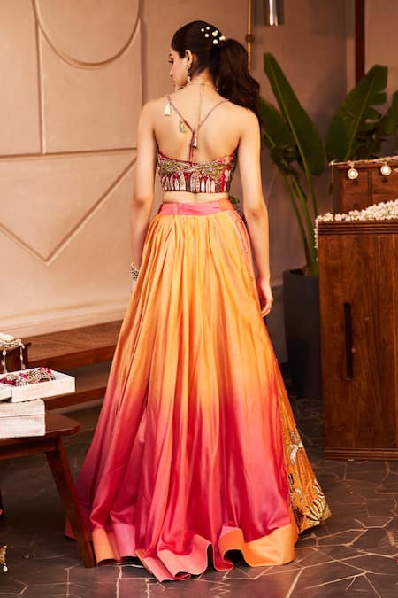 Shop Swish By Dolcy And Simran Pink Chanderi Madhubala Desert At Sunset Embroidered Lehenga With Bustier at Aza Fashions Shop_Swish By Dolcy And Simran_Pink Chanderi Madhubala Desert At Sunset Embroidered Lehenga With Bustier _at_Aza_Fashions