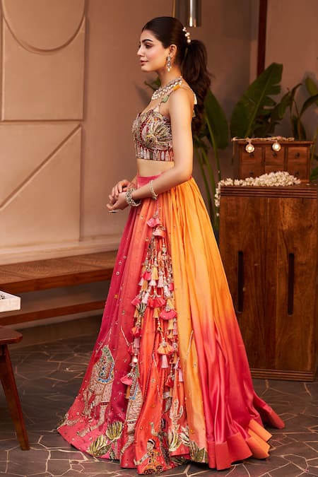 Swish By Dolcy And Simran Pink Chanderi Madhubala Desert At Sunset Embroidered Lehenga With Bustier Online at Aza Fashions Swish By Dolcy And Simran_Pink Chanderi Madhubala Desert At Sunset Embroidered Lehenga With Bustier _Online_at_Aza_Fashions