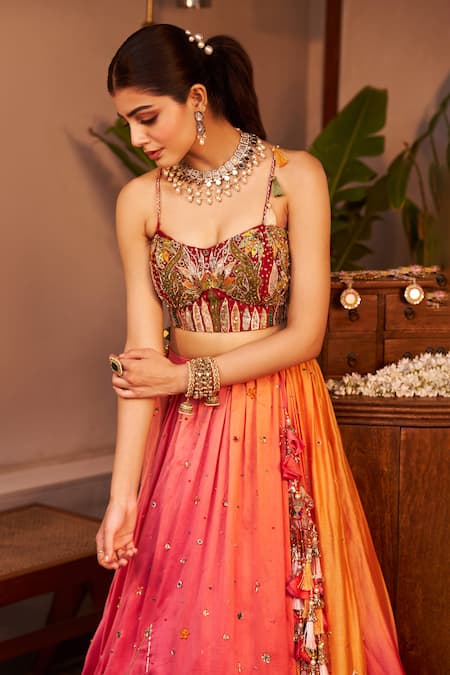 Buy Swish By Dolcy And Simran Pink Chanderi Madhubala Desert At Sunset Embroidered Lehenga With Bustier Online at Aza Fashions Buy_Swish By Dolcy And Simran_Pink Chanderi Madhubala Desert At Sunset Embroidered Lehenga With Bustier _Online_at_Aza_Fashions