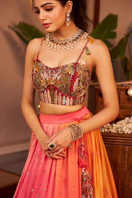 Swish By Dolcy And Simran Pink Chanderi Madhubala Desert At Sunset Embroidered Lehenga With Bustier at Aza Fashions Swish By Dolcy And Simran_Pink Chanderi Madhubala Desert At Sunset Embroidered Lehenga With Bustier _at_Aza_Fashions