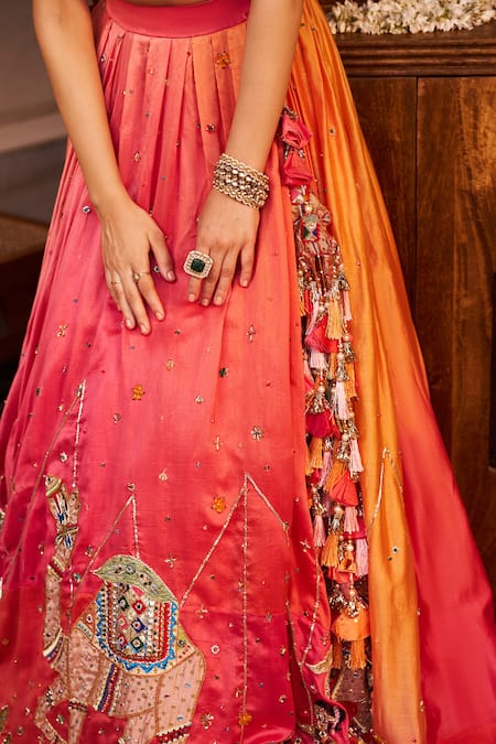 Buy Swish By Dolcy And Simran Pink Chanderi Madhubala Desert At Sunset Embroidered Lehenga With Bustier Buy_Swish By Dolcy And Simran_Pink Chanderi Madhubala Desert At Sunset Embroidered Lehenga With Bustier