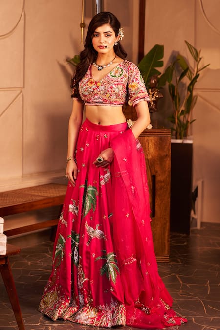 Swish By Dolcy And Simran Pink Kora Organza Embellishment Arzoo Palm Tree And Embroidered Lehenga Set 