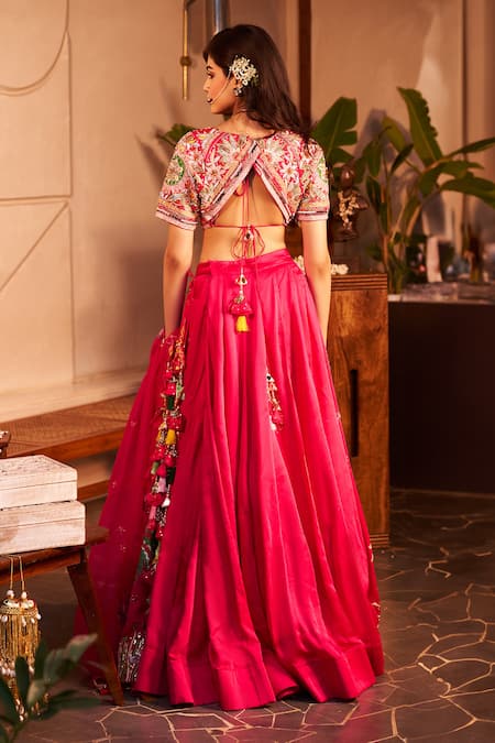 Shop Swish By Dolcy And Simran Pink Chanderi, Kota Doria, Arzoo Palm Tree And Floral Embroidered Lehenga Set at Aza Fashions Shop_Swish By Dolcy And Simran_Pink Chanderi, Kota Doria, Arzoo Palm Tree And Floral Embroidered Lehenga Set _at_Aza_Fashions