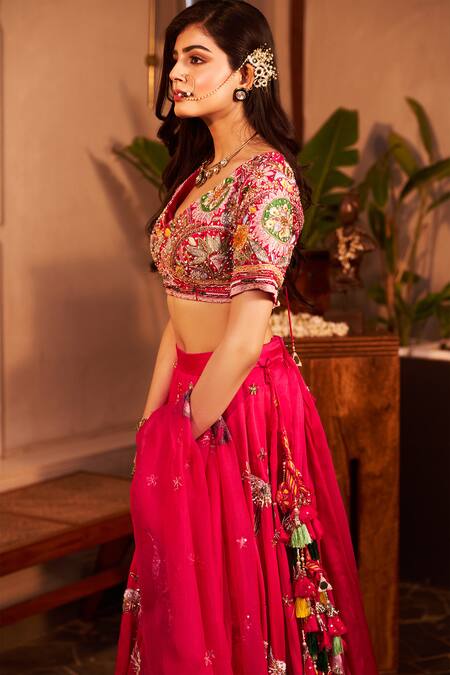 Swish By Dolcy And Simran Pink Chanderi, Kota Doria, Arzoo Palm Tree And Floral Embroidered Lehenga Set at Aza Fashions Swish By Dolcy And Simran_Pink Chanderi, Kota Doria, Arzoo Palm Tree And Floral Embroidered Lehenga Set _at_Aza_Fashions