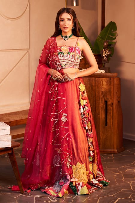 Swish By Dolcy And Simran Orange Kora Organza Embellishment Lotus Square Gauhar Embroidered Lehenga Set 