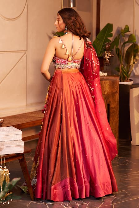 Shop Swish By Dolcy And Simran Orange Chanderi, Kota Doria Tassels, Beads, Sequins, Gauhar Lotus Lehenga Set at Aza Fashions Shop_Swish By Dolcy And Simran_Orange Chanderi, Kota Doria Tassels, Beads, Sequins, Gauhar Lotus Lehenga Set _at_Aza_Fashions