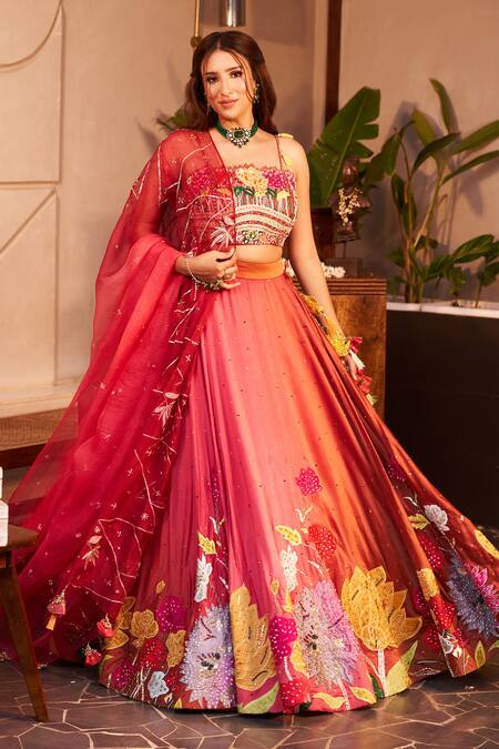 Swish By Dolcy And Simran Orange Chanderi, Kota Doria Tassels, Beads, Sequins, Gauhar Lotus Lehenga Set at Aza Fashions Swish By Dolcy And Simran_Orange Chanderi, Kota Doria Tassels, Beads, Sequins, Gauhar Lotus Lehenga Set _at_Aza_Fashions