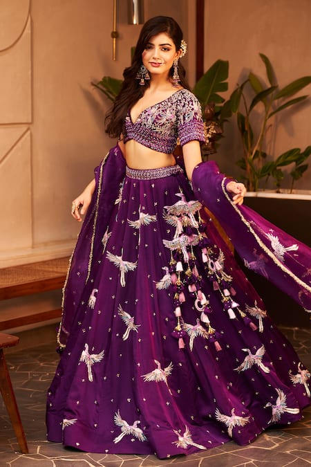 Shop Swish By Dolcy And Simran Purple Silk, Dupion, Organza Sequins, Beads, Bird Embroidered Lehenga Set at Aza Fashions Shop_Swish By Dolcy And Simran_Purple Silk, Dupion, Organza Sequins, Beads, Bird Embroidered Lehenga Set _at_Aza_Fashions