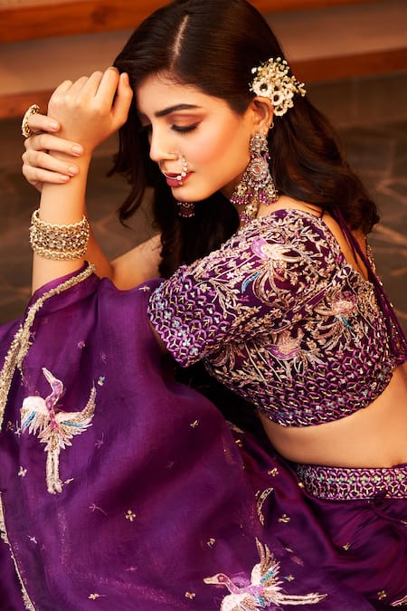 Shop Swish By Dolcy And Simran Purple Silk, Dupion, Organza Sequins, Beads, Bird Embroidered Lehenga Set Online at Aza Fashions Shop_Swish By Dolcy And Simran_Purple Silk, Dupion, Organza Sequins, Beads, Bird Embroidered Lehenga Set _Online_at_Aza_Fashions