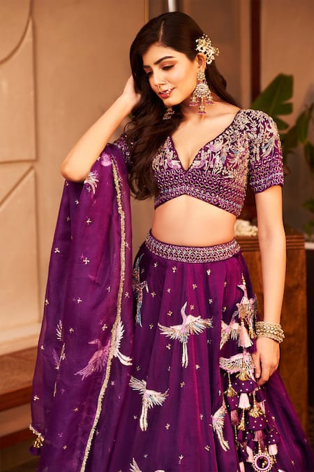 Swish By Dolcy And Simran Purple Silk, Dupion, Organza Sequins, Beads, Bird Embroidered Lehenga Set at Aza Fashions Swish By Dolcy And Simran_Purple Silk, Dupion, Organza Sequins, Beads, Bird Embroidered Lehenga Set _at_Aza_Fashions