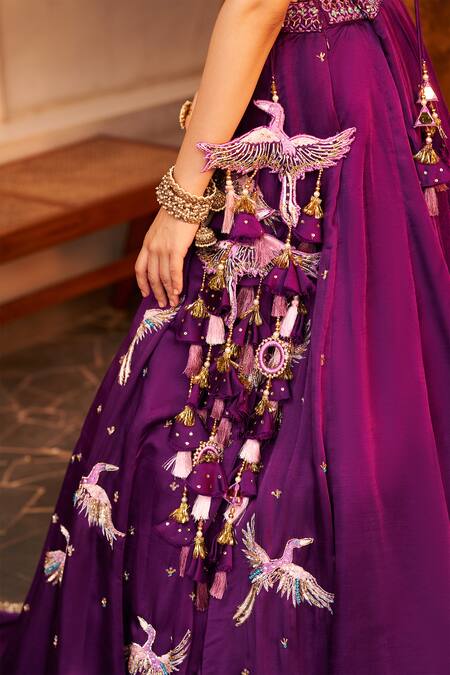 Buy Swish By Dolcy And Simran Purple Silk, Dupion, Organza Sequins, Beads, Bird Embroidered Lehenga Set Buy_Swish By Dolcy And Simran_Purple Silk, Dupion, Organza Sequins, Beads, Bird Embroidered Lehenga Set