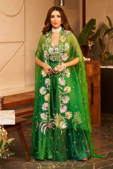 Swish By Dolcy And Simran Laila Palm Tree Embroidered Cape & Pant Set 