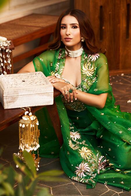 Swish By Dolcy And Simran Green Chanderi Sequins, Cut Work, Laila Palm Tree Embroidered Cape And Pant Set Online at Aza Fashions Swish By Dolcy And Simran_Green Chanderi Sequins, Cut Work, Laila Palm Tree Embroidered Cape And Pant Set _Online_at_Aza_Fashions