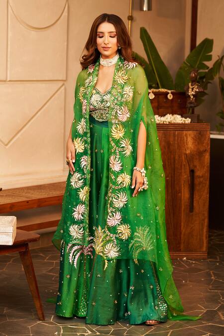 Shop Swish By Dolcy And Simran Green Chanderi Sequins, Cut Work, Laila Palm Tree Embroidered Cape And Pant Set Online at Aza Fashions Shop_Swish By Dolcy And Simran_Green Chanderi Sequins, Cut Work, Laila Palm Tree Embroidered Cape And Pant Set _Online_at_Aza_Fashions