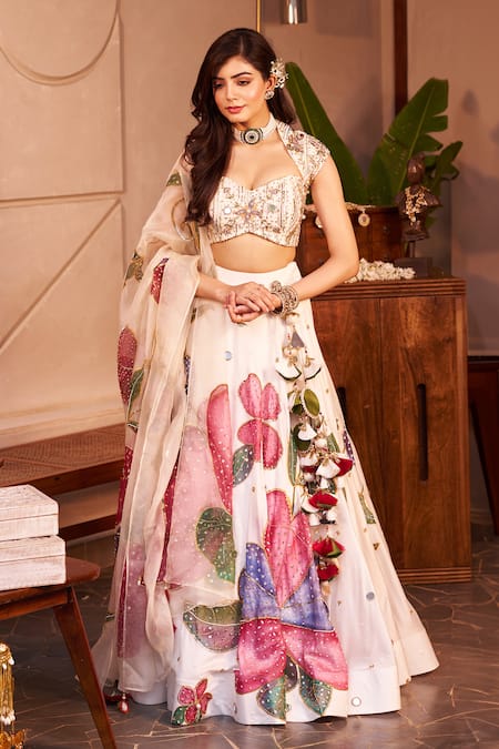 Swish By Dolcy And Simran Ivory Kora Organza Embellishment Floral Queen Nargis Embroidered Lehenga Set 