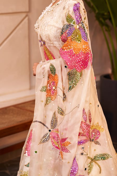 Shop_Swish By Dolcy And Simran_Ivory Chanderi, Kota Doria Sequins, Maya Floral Hand Painted Lehenga Set _Online_at_Aza_Fashions