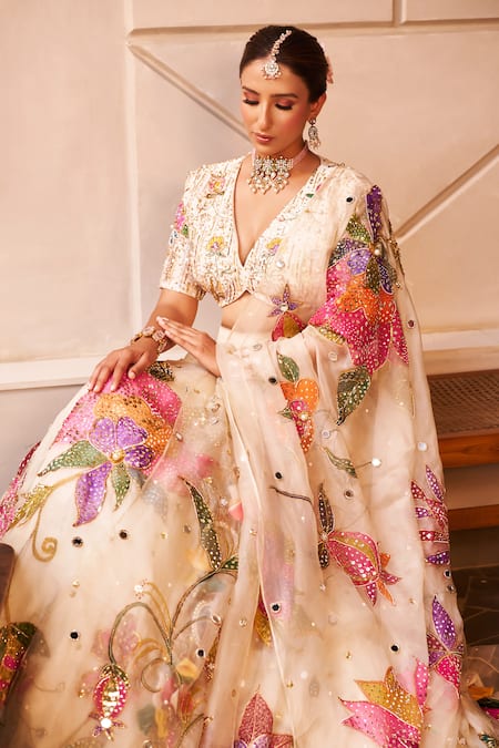 Swish By Dolcy And Simran_Ivory Chanderi, Kota Doria Sequins, Maya Floral Hand Painted Lehenga Set _at_Aza_Fashions