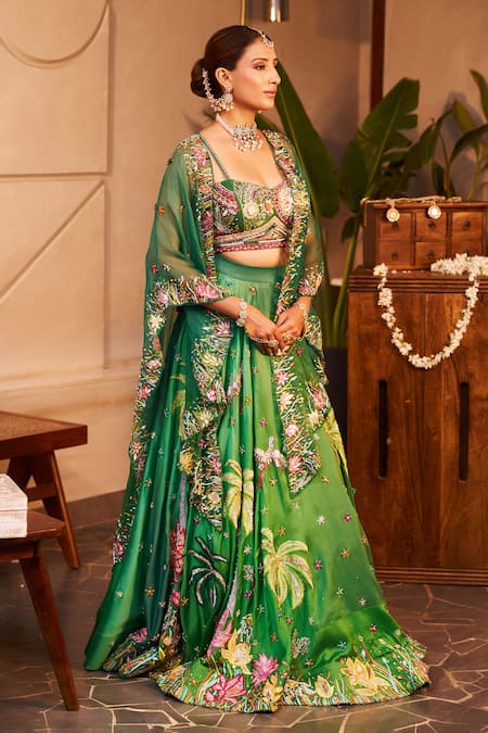 Swish By Dolcy And Simran Green Kora Organza Embellishment Flora And Urvashi & Embroidered Lehenga Set 