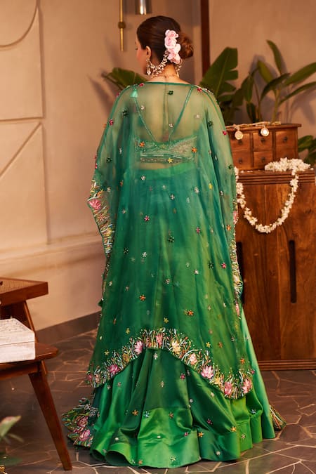 Shop Swish By Dolcy And Simran Green Chanderi, Lace, Linen Lace, Urvashi Flora And Fauna Embroidered Lehenga Set at Aza Fashions Shop_Swish By Dolcy And Simran_Green Chanderi, Lace, Linen Lace, Urvashi Flora And Fauna Embroidered Lehenga Set _at_Aza_Fashions