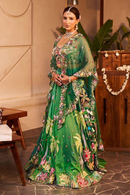 Swish By Dolcy And Simran Green Chanderi, Lace, Linen Lace, Urvashi Flora And Fauna Embroidered Lehenga Set at Aza Fashions Swish By Dolcy And Simran_Green Chanderi, Lace, Linen Lace, Urvashi Flora And Fauna Embroidered Lehenga Set _at_Aza_Fashions