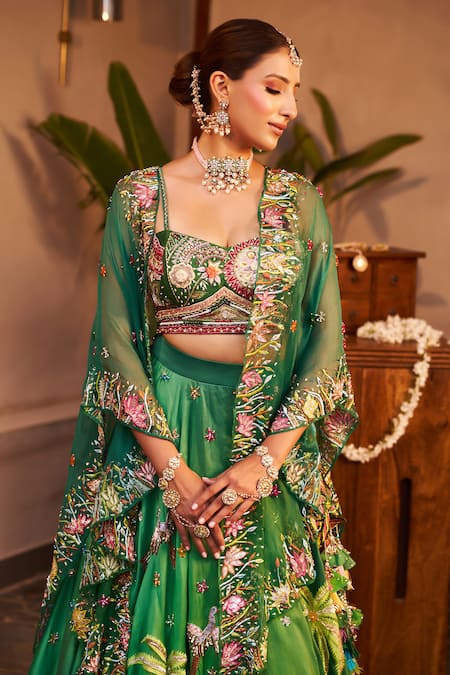Buy Swish By Dolcy And Simran Green Chanderi, Lace, Linen Lace, Urvashi Flora And Fauna Embroidered Lehenga Set Buy_Swish By Dolcy And Simran_Green Chanderi, Lace, Linen Lace, Urvashi Flora And Fauna Embroidered Lehenga Set