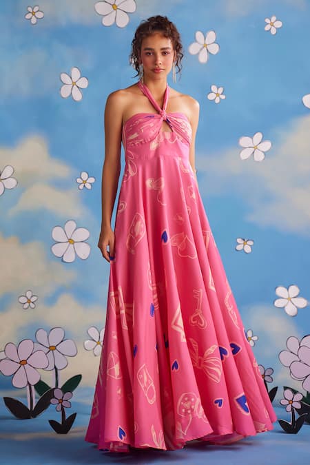 ZiP by Payal & Zinal Pink Blended Mul Cotton Printed Heart Unlock Halter Alice In Wonderland Dress 